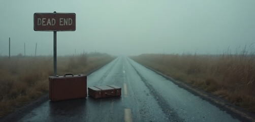Two suitcases rest on wet asphalt road leading to dead end sign in thick fog. Overgrown dry grass flanks empty road. Unclear future and journey end concept.