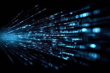 Abstract digital stream of light blue text on a dark background