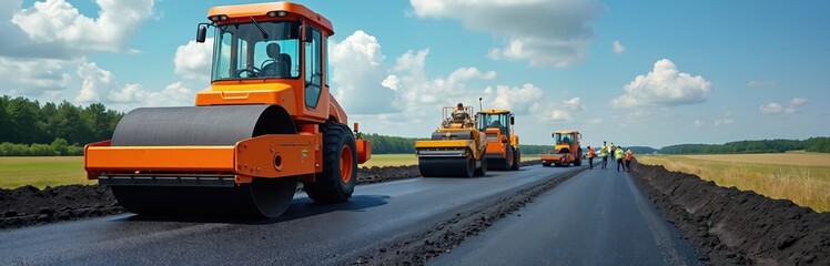 Heavy machinery compacts fresh asphalt on a rural highway under construction. Orange rollers flatten hot tar paving a new road. Workers supervise large equipment.