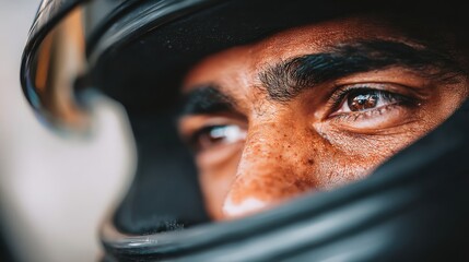 Close-up view of a person's intense gaze through a motorcycle helmet, highlighting concentration and focus.
