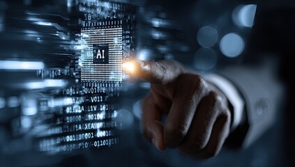 A hand points to an AI chip in a digital interface