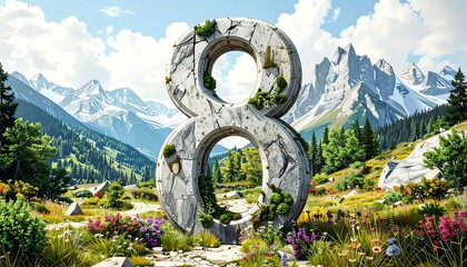 Stone number eight in a meadow with mountains and trees under a bright sky