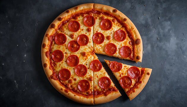 Delicious pepperoni pizza with a slice missing top down view mouthwatering italian food