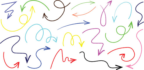 Hand drawn colorful arrows isolated on white background pointing in different directions for design elements