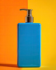 Obraz premium Vibrant blue pump bottle on a split orange and yellow background