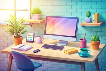 Fototapeta premium Minimalist Office Desk with Computer, Coffee, and Stationery
