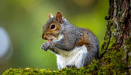Obraz premium Fluffy rodent eating on mossy tree branch