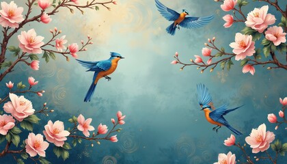 Artistic blue birds fly among pink flowering branches against a soft blue watercolor background with gold swirls. Nature inspired illustration evokes peaceful spring atmosphere and oriental design.