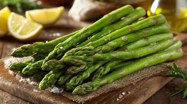 Close-up of a bunch of fresh green asparagus spears resting on a rustic wooden cutting board, seasoned with sea salt. - Powered by Adobe