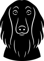 Afghan Hound face shown from the front with long silky coat and narrow muzzle in a stylized outline.