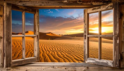Rustic wood window frame views vast sand dune desert landscape under a colorful sunset sky