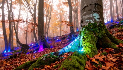 Enchanted woods with mystical lights, leaves on ground, and autumn-colored trees