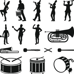 Marching Band Silhouette Collection, Marching icon Clipart, Marching Band Stencil Music, Marching Band Instruments Cutfile Illustration