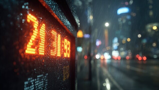 Digital display of time on a rainy city street at night