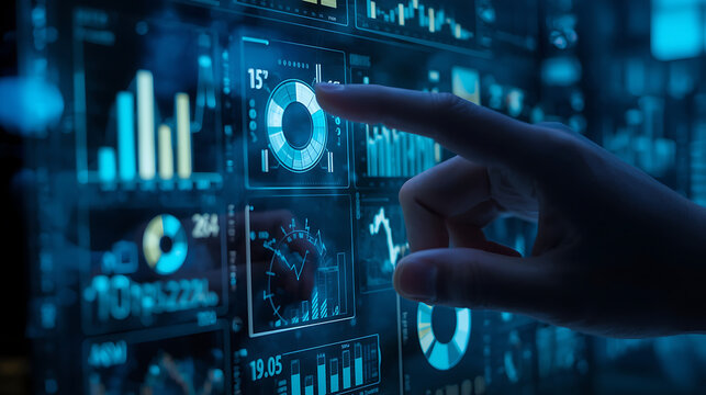 A futuristic digital touchscreen interface displays financial data visualizations, showcasing business analytics, stock market performance, and data-driven decision-making in a modern digital environm