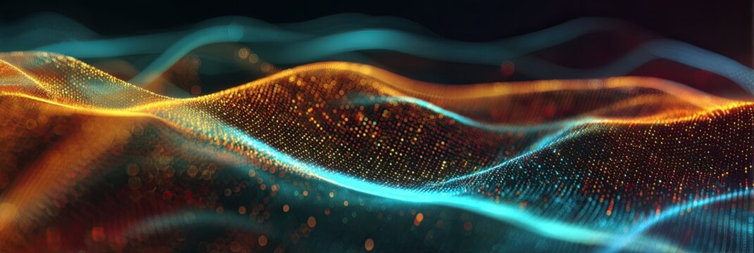 Abstract digital wave patterns in orange, blue, and dark tones