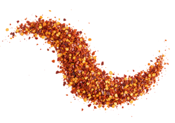 Vibrant crushed chili flakes, a dynamic curved trail scattered on a transparent background with soft studio light, captured top-down with macro lens, high-end culinary spice concept