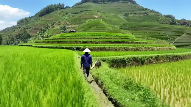 Lush terraced rice paddies with a farmer