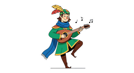 Naklejka premium Whimsical Cartoon Minstrel Playing Lute with Feathered Hat.