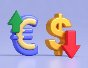 Cartoonish euro and dollar signs with contrasting arrows