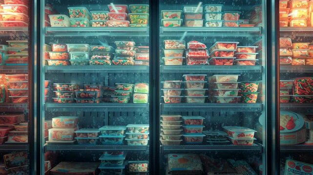 Frozen food freezer aisle frosted glass packaged meal supermarket cold storage convenience variety selection illuminated organized grocery night
