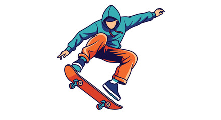 Obraz premium Skateboarder in Mid-Air Performing a Trick Wearing a Hoodie and Orange Pants.