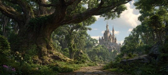 Enchanting forest path leading to a majestic castle