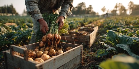 A farmer harvests potatoes and carrots in a sunlit field