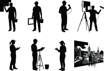 Obraz premium Artistic silhouettes, painting activity, spray painting, canvas work, creative tools, black vector art, outdoor sketching, digital interaction, studio scene, artistic process