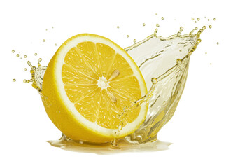 Vibrant, sliced lemon halves, juicy segments, white pith, and juice droplets, captured in an energetic splash against a transparent studio, concept of intense freshness