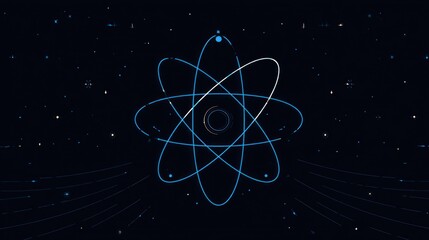 A stylized, glowing atom graphic against a dark starry background displays intricate orbiting electron paths.