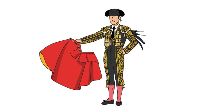 A Spanish matador bullfighter in a traditional golden traje de luces costume holding a red muleta cape.