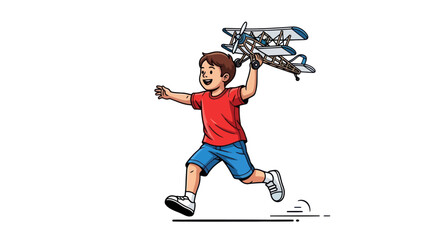 A happy cartoon boy running joyfully while holding a grey toy biplane. © Ilma