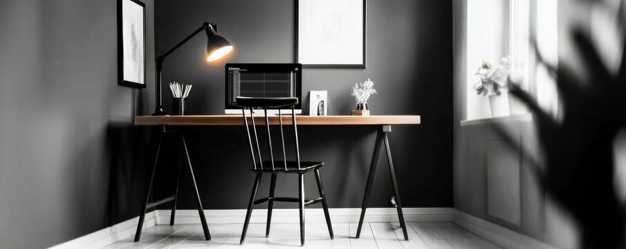 Minimalist Home Office with Laptop, Black Walls, desk , Interior, design