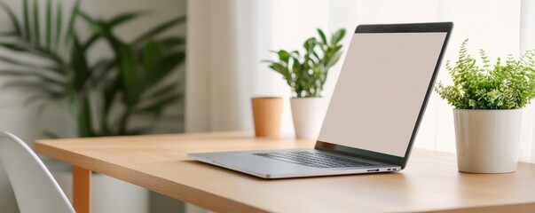 Fototapeta premium Minimalist Workspace Laptop on Wood Desk with Greenery, Modern Design, plants, office