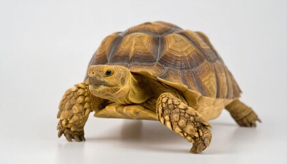 Obraz premium A tan tortoise with a patterned shell walks on a plain light gray backdrop