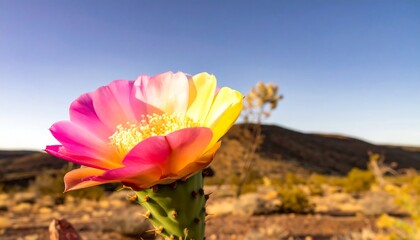 Vibrant cactus bloom, half pink, half yellow, bright against a desert backdrop