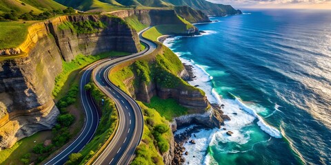 A winding coastal road snakes along the cliffs, offering breathtaking views of the ocean, with lush green vegetation covering the hillsides and rocky terrain