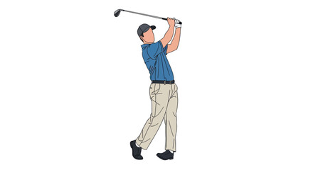 Golfer in Mid-Swing: Blue Shirt Khaki Pants and Black Shoes.