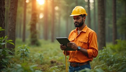 Man with yellow hard hat uses tablet in forest setting. He wears orange shirt, checks data on screen. Forest monitoring, nature research, eco data collection with tech.