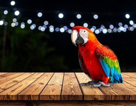 Colorful parrot on a wooden table against a blurred background of fairy lights
