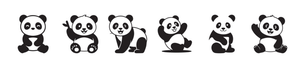 Panda silhouette set, panda Silhouette Wild Animal Design Vector Collection, panda silhouette vector art,  vector Illustration EPS 10.