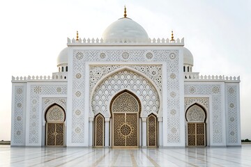 Beautiful white mosque with intricate carvings and gold doors in abu dhabi
