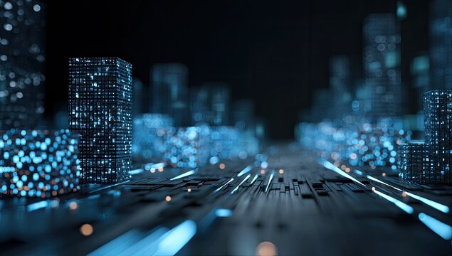 Futuristic city skyline, digital grid