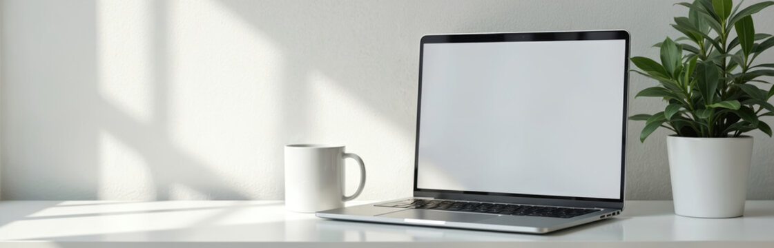 Modern laptop with blank screen sits on white desk next to coffee mug and green plant. Bright window light casts shadows on wall. Minimalist workspace setup for remote work. - Powered by Adobe