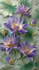 A captivating 3d rendering showcases a cluster of vibrant purple lotus flowers in full bloom, their delicate petals adorned with intricate details and soft lighting