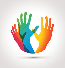 Fototapeta premium Colorful hands united, symbolizing diversity, community, cooperation, and support raising hands
