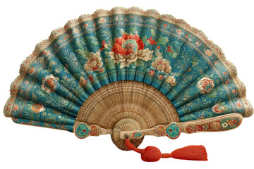 Ornate hand fan with floral design and tassel accent for vintage elegance style on transparent background