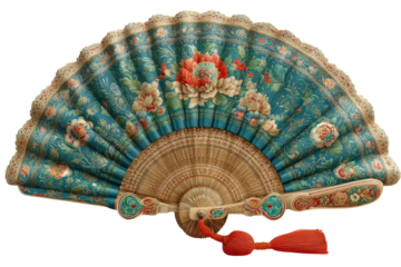Ornate hand fan with floral design and tassel accent for vintage elegance style on transparent background
