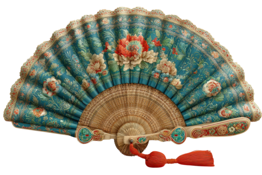 Ornate hand fan with floral design and tassel accent for vintage elegance style on transparent background